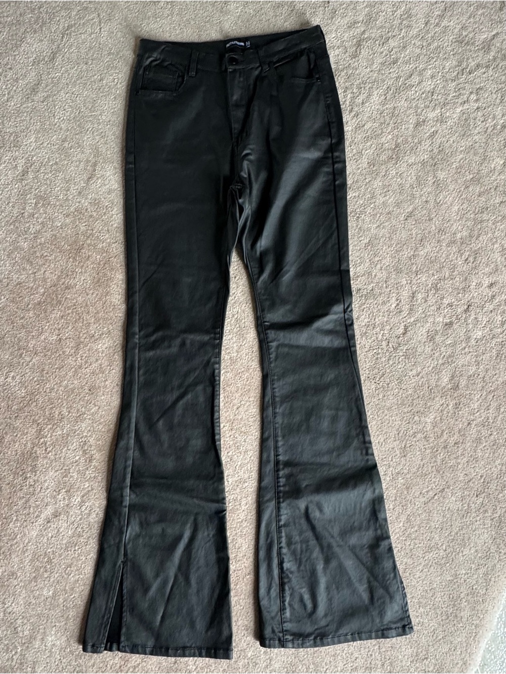 PrettyLittleThing Black Faux Leather Flare Pants with Front Slits